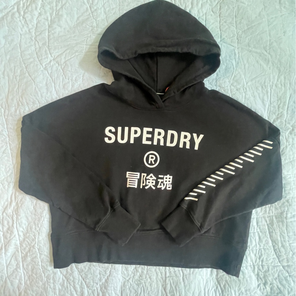 Superdry Black Crop Wide Hoodie with White Asian Logo and Sleeve Bars - mint!